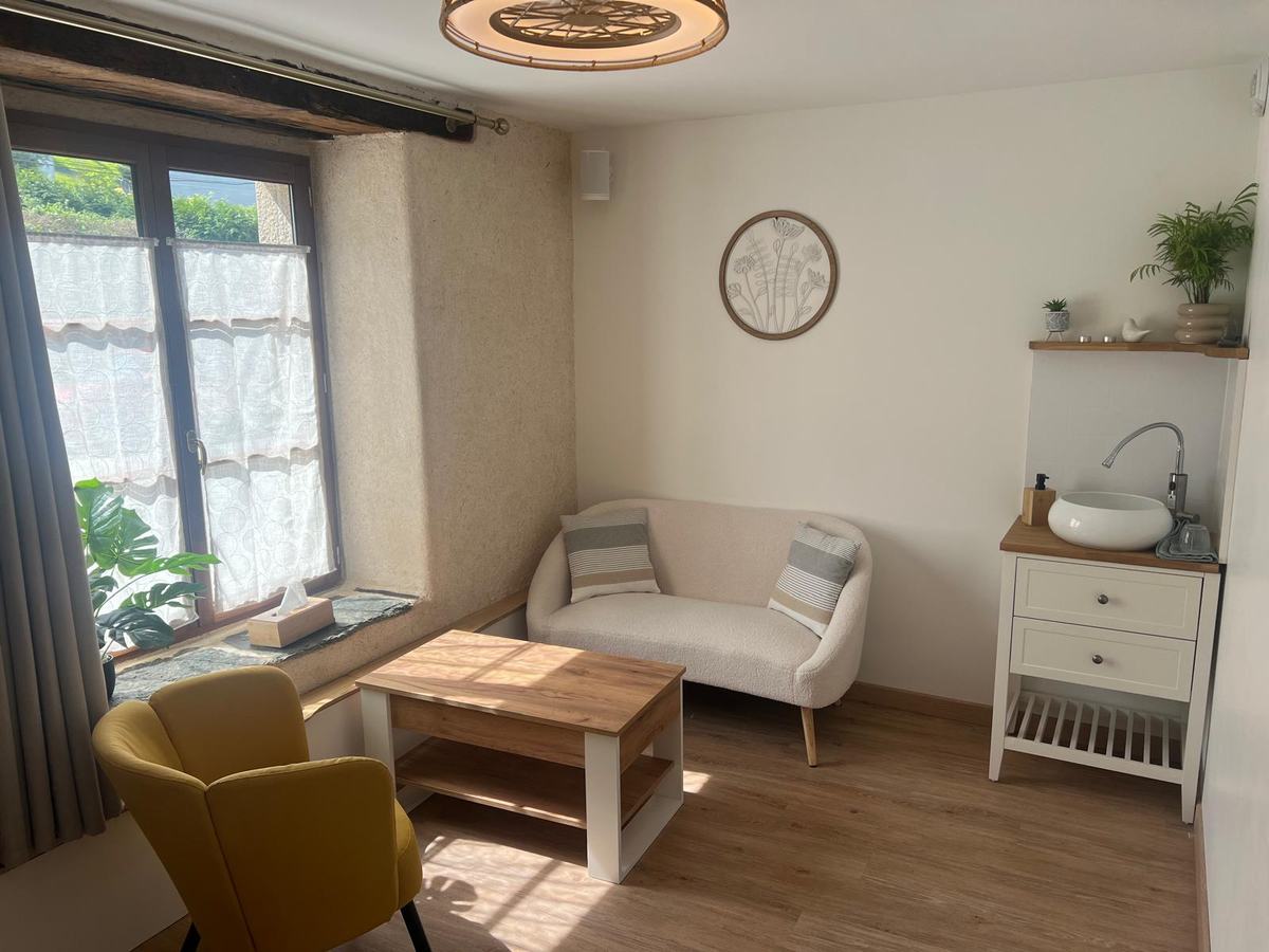 Cabinet avec canapé, fauteuil jaune et fenêtre
